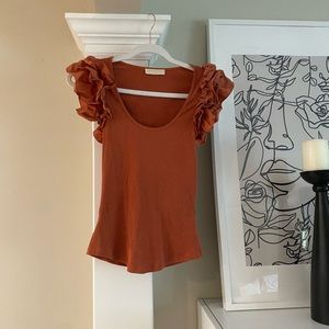 ULLA JOHNSON KOA RUFFLE SLEEVE TOP XS COLOR RUST